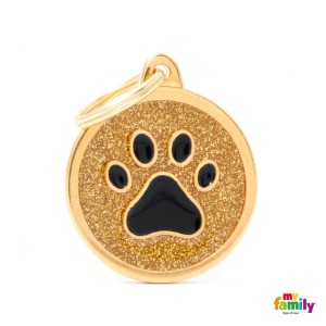 Hundemarke My Family SHINE Glitter Adressanhänger mit Gravur Circle Gold Black Paw Big