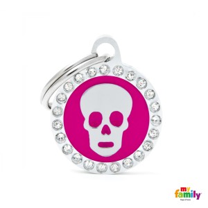Hundemarke My Family GLAM Adressanhänger mit Gravur mit SWAROVSKI® Kristallen Kreis SKULL PINK