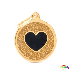 Hundemarke My Family SHINE Glitter Adressanhänger mit Gravur Circle Gold Black Heart Big