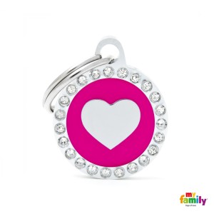 Hundemarke My Family GLAM Adressanhänger mit Gravur mit SWAROVSKI® Kristallen Kreis HEART PINK 