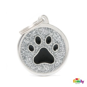 Hundemarke My Family SHINE Glitter Adressanhänger mit Gravur Circle Grey Black Paw Big