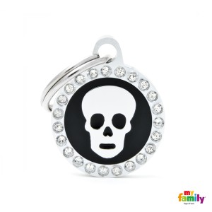 Hundemarke My Family GLAM Adressanhänger mit Gravur mit SWAROVSKI® Kristallen Kreis SKULL BLACK