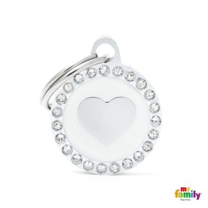Hundemarke My Family GLAM Adressanhänger mit Gravur mit SWAROVSKI® Kristallen Kreis HEART WHITE