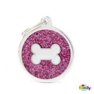 Hundemarke My Family SHINE Glitter Adressanhänger mit Gravur Circle Pink White Bone Big 