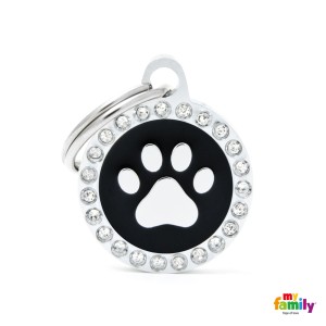 Hundemarke My Family GLAM Adressanhänger mit Gravur mit SWAROVSKI® Kristallen Kreis PAW BLACK