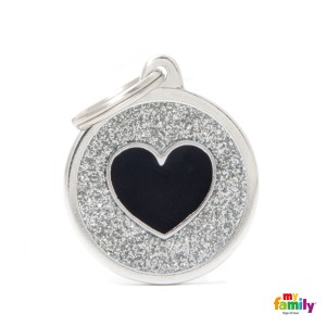 Hundemarke My Family SHINE Glitter Adressanhänger mit Gravur Circle Grey Black Heart Big 