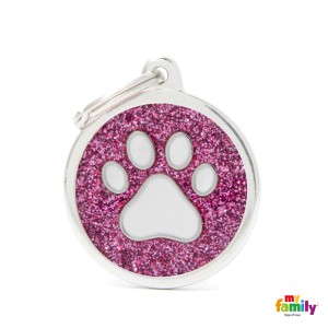 Hundemarke My Family SHINE Glitter Adressanhänger mit Gravur Circle Pink White Paw Big