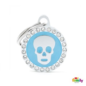 Hundemarke My Family GLAM Adressanhänger mit Gravur mit SWAROVSKI® Kristallen Kreis SKULL BLUE