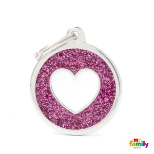 Hundemarke My Family SHINE Glitter Adressanhänger mit Gravur Circle Pink White Heart Big